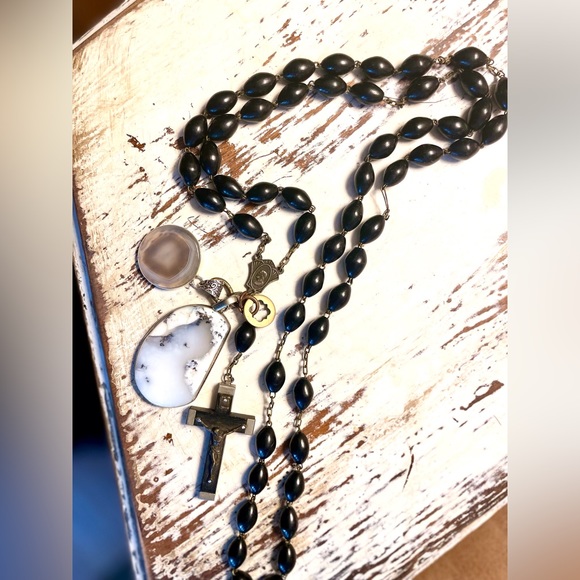 Vintage Black Bead Rosary with Precious Gemstone Fall Charms & 925 Bracelet - Picture 8 of 9